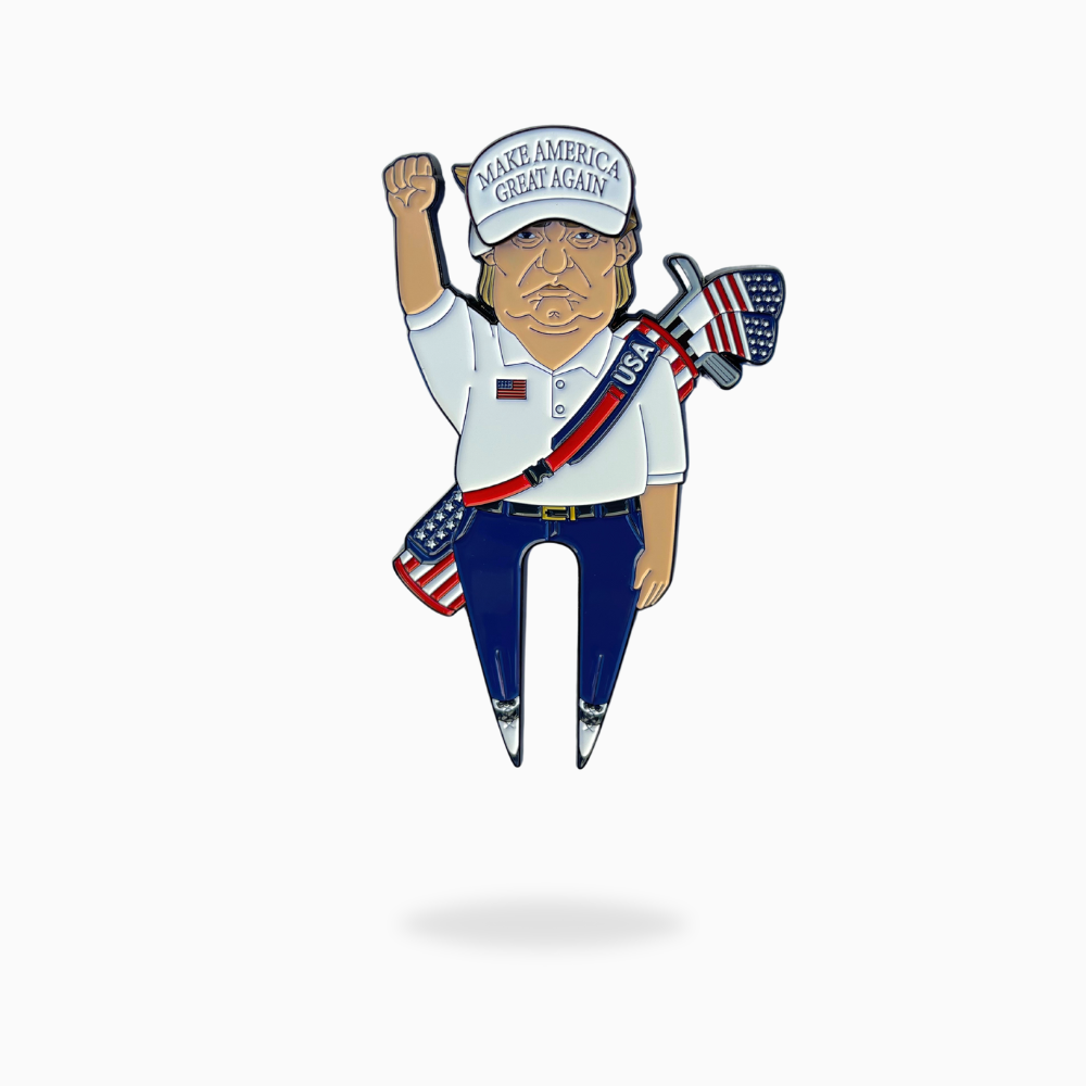 Donald Trump divot tool divot tool for golf. Comes with a MAGA hat ball marker that's magnetic and attaches to the divot tool. Great gifts for golfers. Made by Pin Creatures.