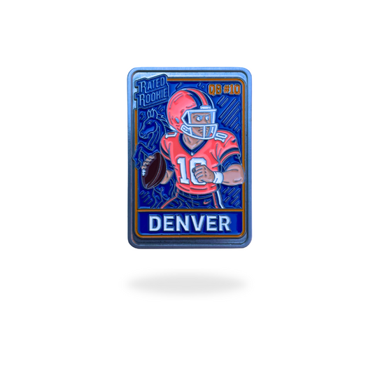 Collectible trading card ball marker for golf featuring a football player wearing #10 in a orange uniform with 'Denver' on a blue background