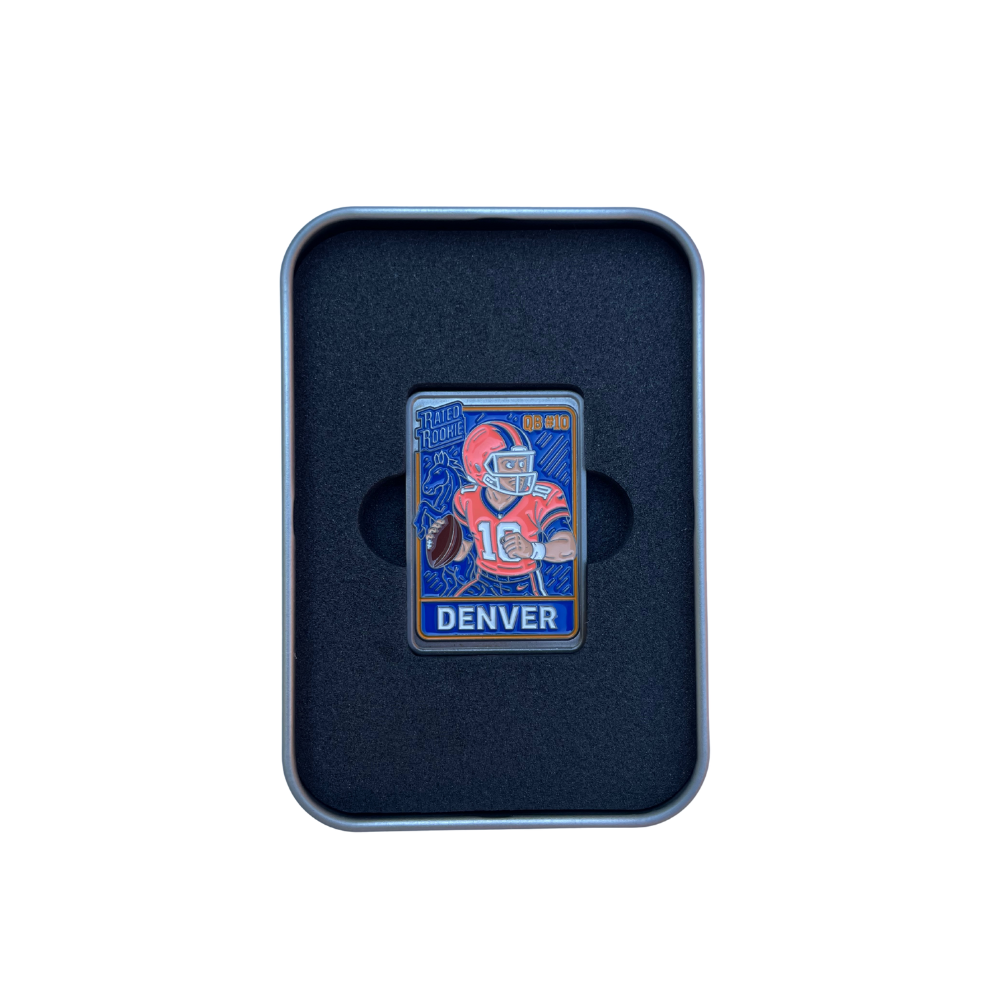 Collectible trading card ball marker for golf featuring a football player wearing #10 in a orange uniform with 'Denver' on a blue background