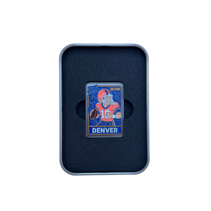 Collectible trading card ball marker for golf featuring a football player wearing #10 in a orange uniform with 'Denver' on a blue background