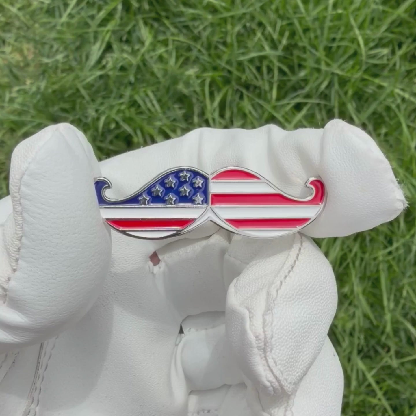 MURICA patriotic mustache golf ball marker by Pin Creatures with silver enamel finish